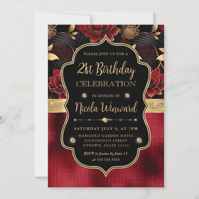 Red Black & Gold Floral Marble 21st Birthday Invitation (Front)