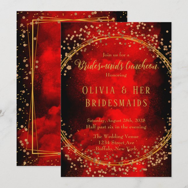 Red Black Gold Geometric Glitter Bridesmaids Lunch Invitation (Front/Back)
