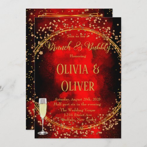 Red Black Gold Geometric Glitter Brunch  Bubbly  Invitation