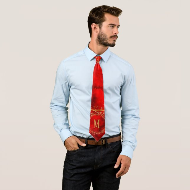 Red Black Gold Geometric Glitter Groom Groomesmen Neck Tie (In Situ)