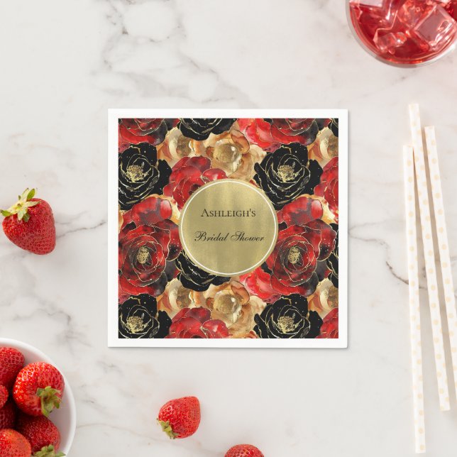 Red Black Gold Glam Floral Bridal Shower Napkins (Insitu)