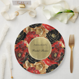 Red Black Gold Glam Floral Bridal Shower Paper Plates