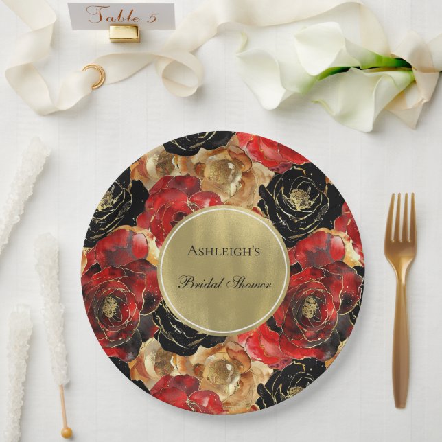 Red Black Gold Glam Floral Bridal Shower Paper Plates (Wedding)