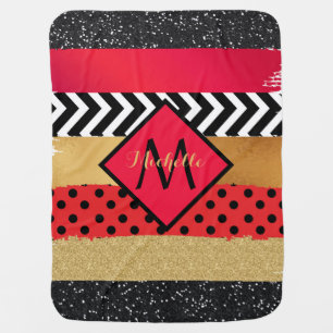 Red Black Gold Glitter Brush Stroke Monogrammed  Baby Blanket