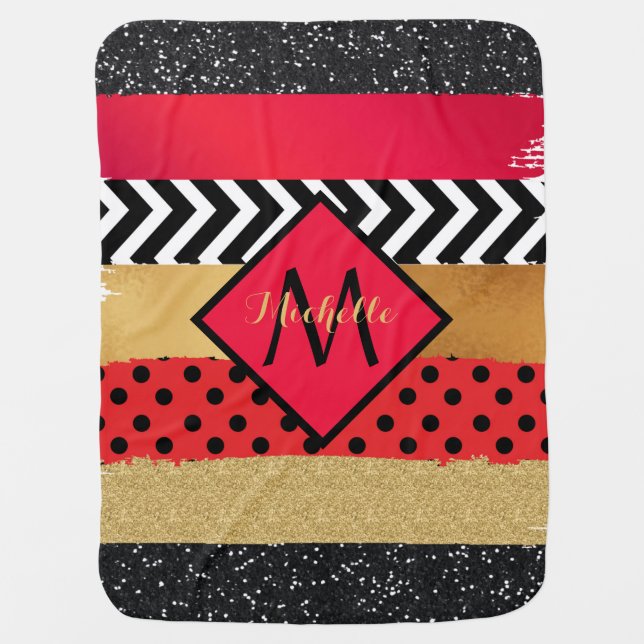 Red Black Gold Glitter Brush Stroke Monogrammed  Baby Blanket (Front)
