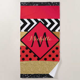 Red Black Gold Glitter Brush Stroke Monogrammed Beach Towel