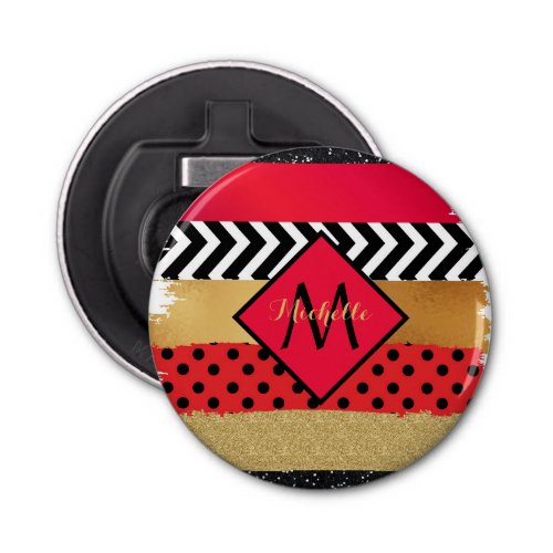 Red Black Gold Glitter Brush Stroke Monogrammed    Bottle Opener