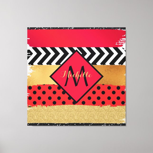 Red Black Gold Glitter Brush Stroke Monogrammed   Canvas Print (Front)