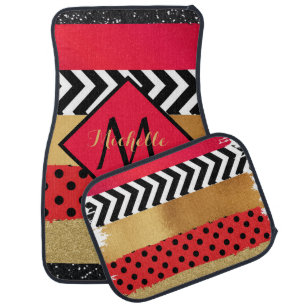 Red Black Gold Glitter Brush Stroke Monogrammed Car Floor Mat