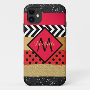 Red Black Gold Glitter Brush Stroke Monogrammed iPhone 11 Case