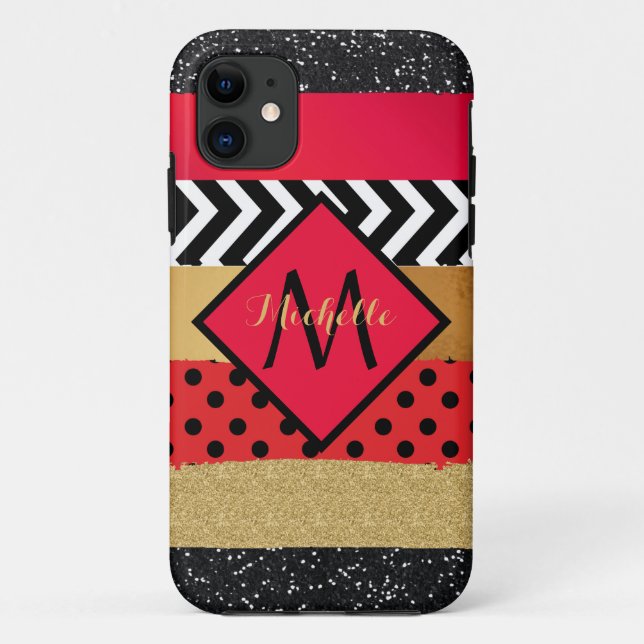 Red Black Gold Glitter Brush Stroke Monogrammed   Case-Mate iPhone Case (Back)