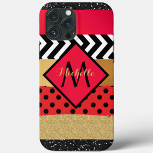 Red Black Gold Glitter Brush Stroke Monogrammed iPhone 13 Pro Max Case