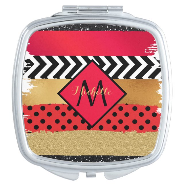 Red Black Gold Glitter Brush Stroke Monogrammed   Compact Mirror (Front)