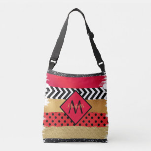 Red Black Gold Glitter Brush Stroke Monogrammed Crossbody Bag