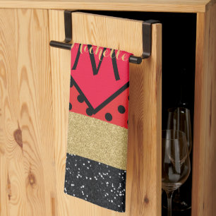 Red Black Gold Glitter Brush Stroke Monogrammed Kitchen Towel