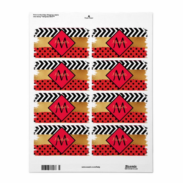 Red Black Gold Glitter Brush Stroke Monogrammed    Label (Full Sheet)