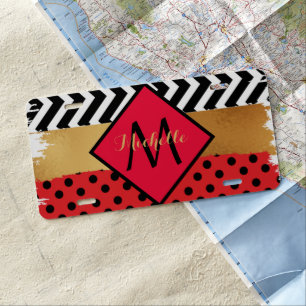 Red Black Gold Glitter Brush Stroke Monogrammed License Plate