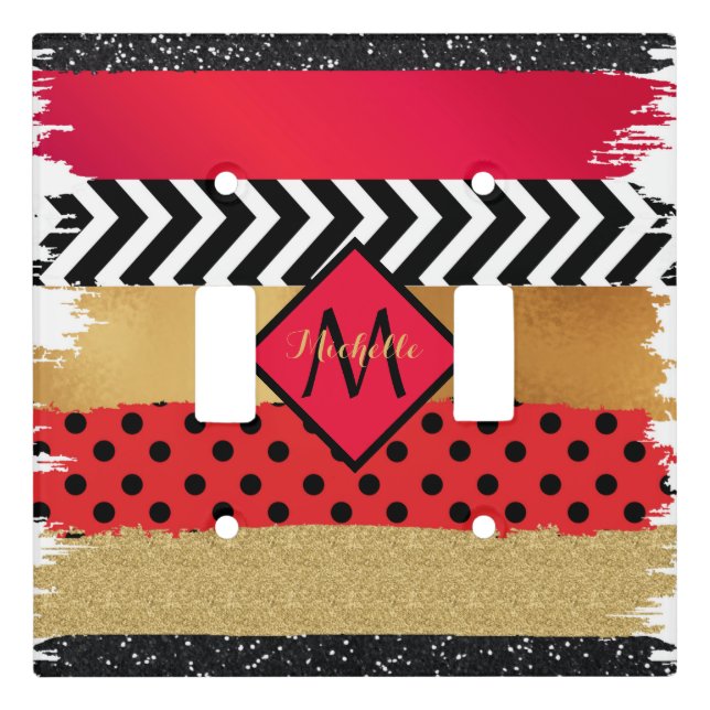 Red Black Gold Glitter Brush Stroke Monogrammed    Light Switch Cover (Front)