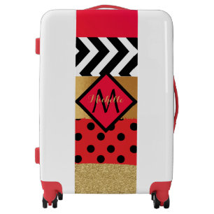 Red Black Gold Glitter Brush Stroke Monogrammed    Luggage