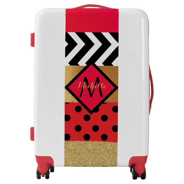 Red Black Gold Glitter Brush Stroke Monogrammed    Luggage (Front)
