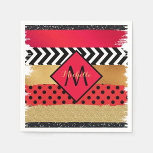 Red Black Gold Glitter Brush Stroke Monogrammed Napkins