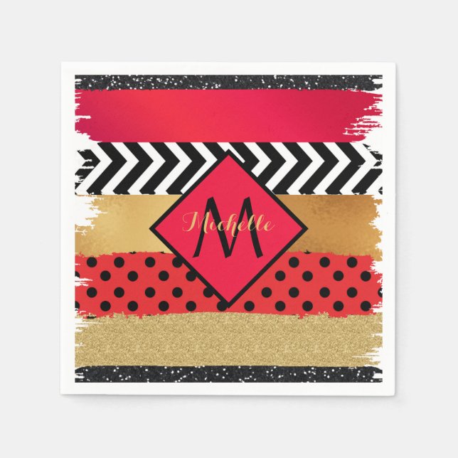 Red Black Gold Glitter Brush Stroke Monogrammed    Napkins (Front)