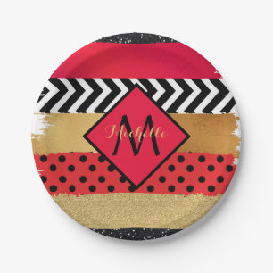 Red Black Gold Glitter Brush Stroke Monogrammed    Paper Plates