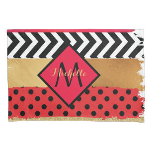Red Black Gold Glitter Brush Stroke Monogrammed Pillow Case