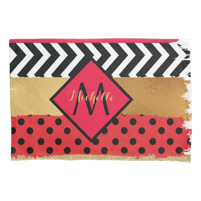 Red Black Gold Glitter Brush Stroke Monogrammed  Pillow Case (Front)