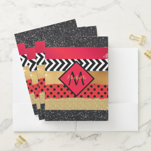 Red Black Gold Glitter Brush Stroke Monogrammed Pocket Folder