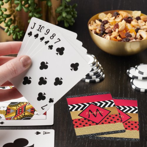 Red Black Gold Glitter Brush Stroke Monogrammed    Poker Cards