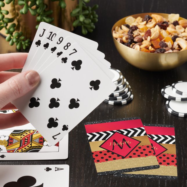 Red Black Gold Glitter Brush Stroke Monogrammed    Poker Cards (In Situ)