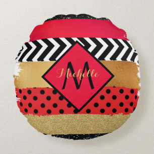 Red Black Gold Glitter Brush Stroke Monogrammed    Round Pillow