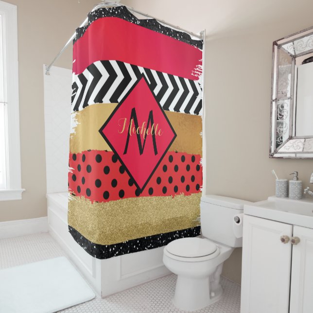 Red Black Gold Glitter Brush Stroke Monogrammed   Shower Curtain (In Situ)