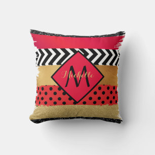 Red Black Gold Glitter Brush Stroke Monogrammed   Throw Pillow
