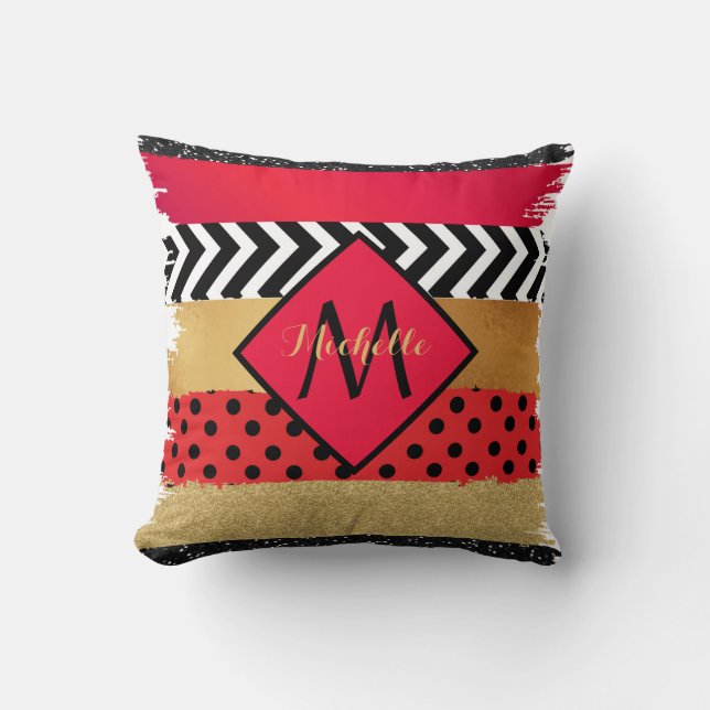 Red Black Gold Glitter Brush Stroke Monogrammed   Throw Pillow (Front)