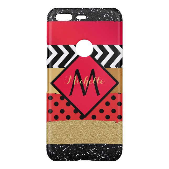 Red Black Gold Glitter Brush Stroke Monogrammed  Uncommon Google Pixel Case (Back)