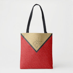 Red Black Gold Glitter Chic Monogram Personalized Tote Bag