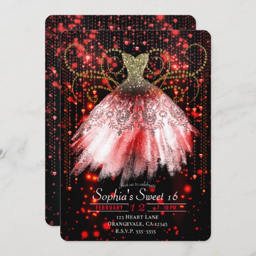 Red Black Gold Glitter Dress Sweet 16 Party Invitation