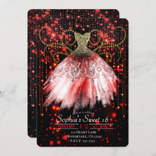 Red Black Gold Glitter Dress Sweet 16 Party Invitation
