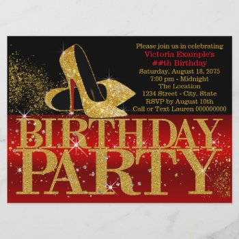 Red Black Gold Glitter High Heel Birthday Party Invitation by Pure_Elegance at Zazzle