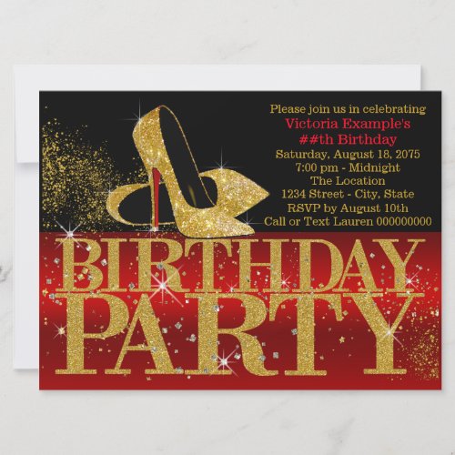 Red Black Gold Glitter High Heel Birthday Party Invitation