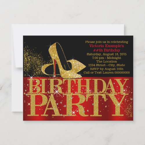 Red Black Gold Glitter High Heel Birthday Party Invitation