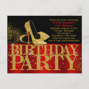 Red Black Gold Glitter High Heel Birthday Party Invitation