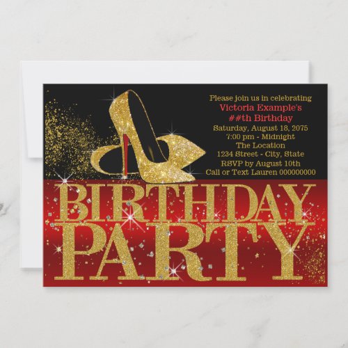 Red Black Gold Glitter High Heel Birthday Party Invitation