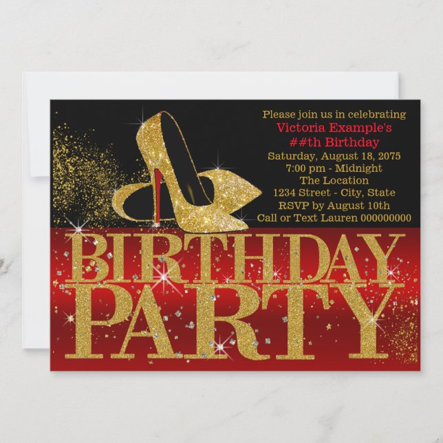 Red Black Gold Glitter High Heel Birthday Party Invitation (Front)