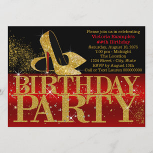 Red Black Gold Glitter High Heel Birthday Party Invitation