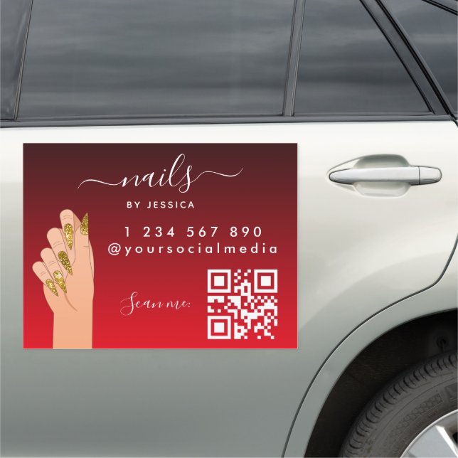 Red Black Gold Glitter Nail Artist Salon QR Code Car Magnet (In Situ)