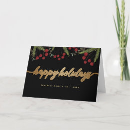 Red Black & Gold Happy Holiday Script foliage Card
