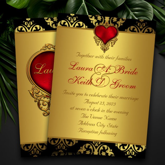 Red Black Gold Heart Wedding Invitation (Elegant red black and gold wedding invitation with beautiful red and gold heart.)